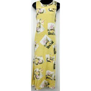 Baik Baik Honolulu Women Yellow Midi Dress Large L Floral Sleeveless Rayon EUC
